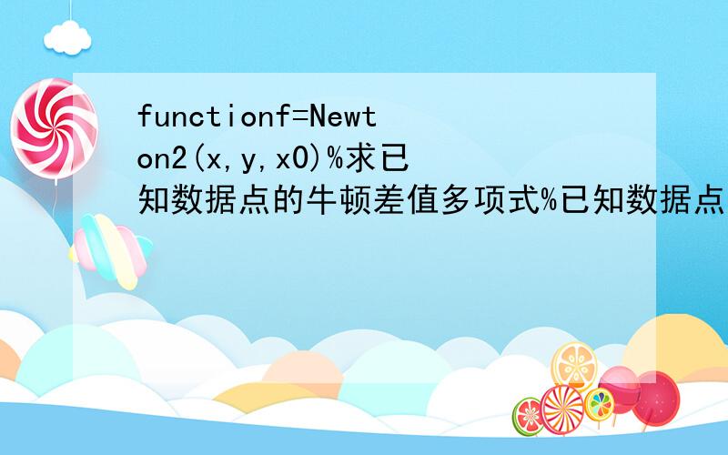 functionf=Newton2(x,y,x0)%求已知数据点的牛顿差值多项式%已知数据点的坐标（