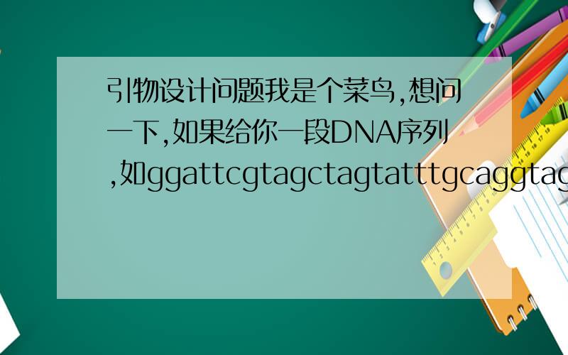 引物设计问题我是个菜鸟,想问一下,如果给你一段DNA序列,如ggattcgtagctagtatttgcaggtagcttgctgaggcttaaaagctagctacattcggtagcatcatgctattagcgatcaaatcgcccatcggatcactacacgacgatcggcgattatcgatcatcgttactacgatcgacttcagcgtacatctactagcgatgctat