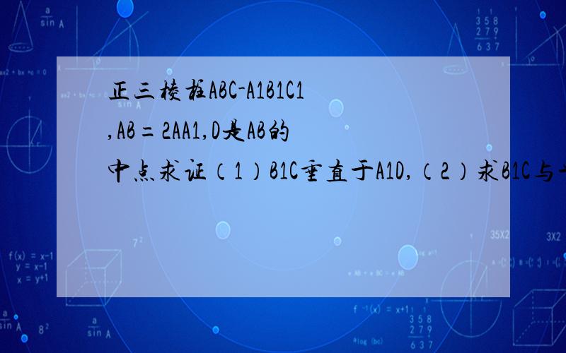 正三棱柱ABC-A1B1C1,AB=2AA1,D是AB的中点求证（1）B1C垂直于A1D,（2）求B1C与平面A1DC所成角的大小