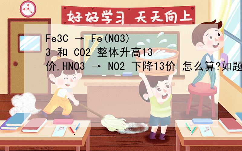 Fe3C → Fe(NO3)3 和 CO2 整体升高13价,HNO3 → NO2 下降13价 怎么算?如题还有,Fe3C + 22HNO3 ＝ 3Fe(NO3)3 + 13NO2+ CO2 + 11H2O 怎么得到?