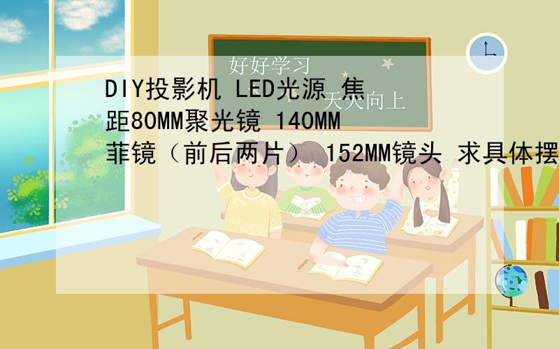 DIY投影机 LED光源 焦距80MM聚光镜 140MM菲镜（前后两片） 152MM镜头 求具体摆放的距离!